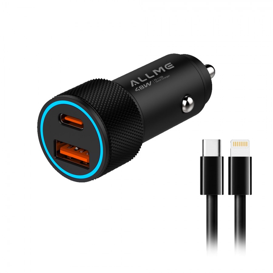 Allme AS248TLS Dual Port 48W PD Type-C to Lightning Kablolu Hızlı Araç Şarj Seti - Siyah
