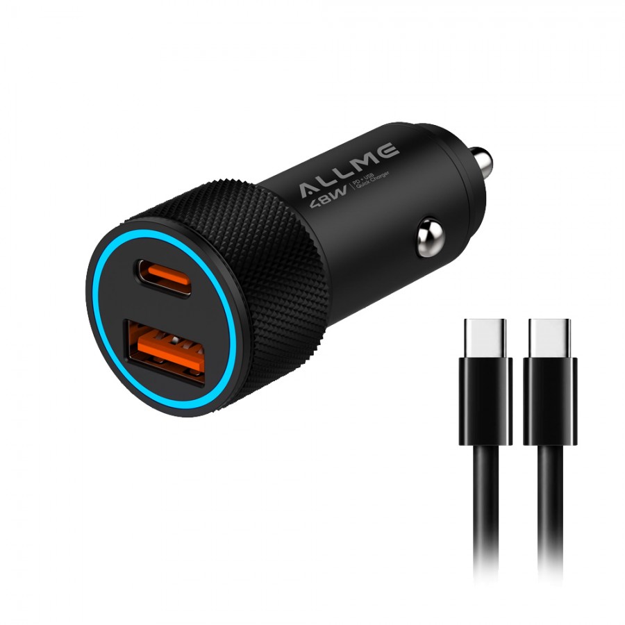Allme AS248TTS Dual Port 48W PD Type-C to Type-C Kablolu Hızlı Araç Şarj Seti - Siyah