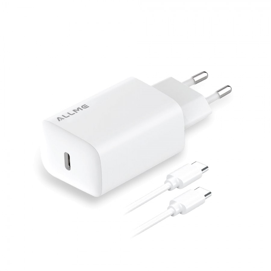 Allme SS30TTB 30W SuperFast PD Adaptör + 3A Type-C to Type-C Kablo Şarj Seti Beyaz   