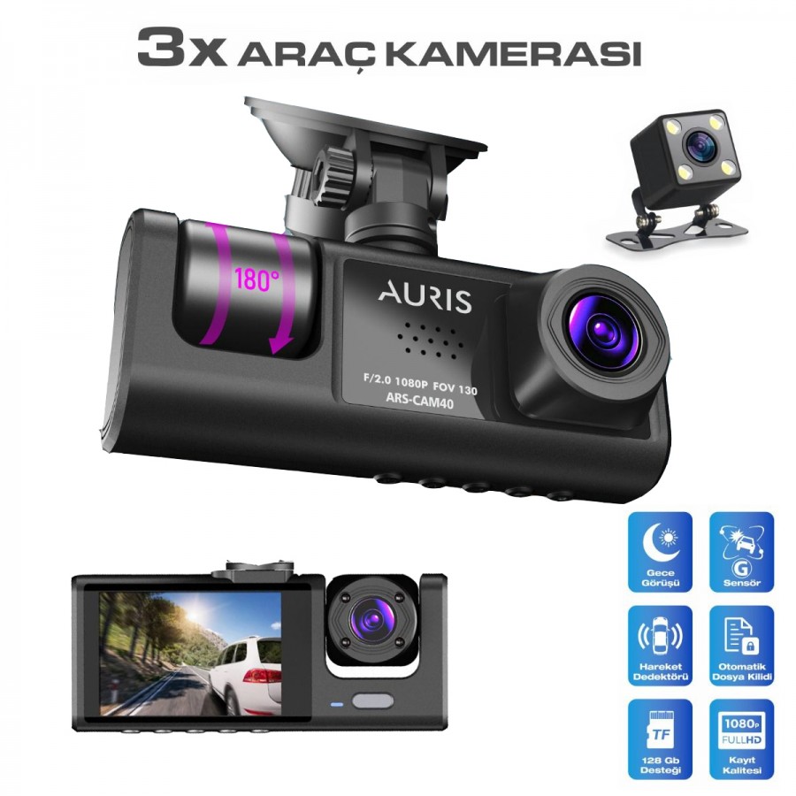 Auris CAM40 1080p Full HD 3X Ön & Arka Araç Kamera