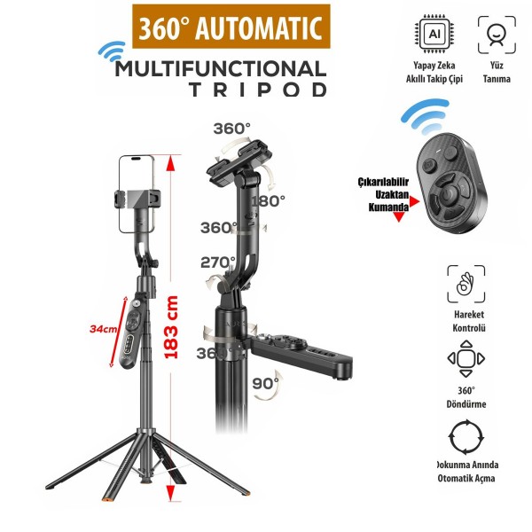 Auris TR30 360 Ayarlanabilir AI Takip Özellikli Tripod&hellip;