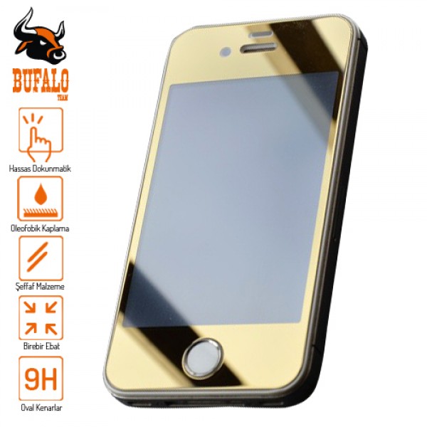 Bufalo iPhone 4/4s Aynalı ÖN+ARKA Cam Ekran Koruyucu Gold…