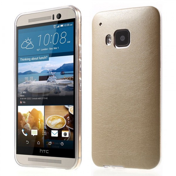 HTC One M9 Kılıf Deri Dokulu Arka Kapak Gold…