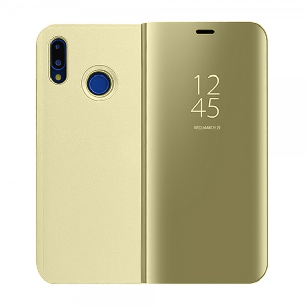 Huawei P20 Lite Clear View Flip Cover Standlı Kılıf Gold