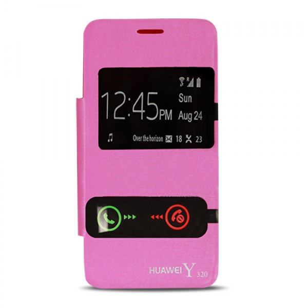 Huawei Y320 Çift Pencereli Flip Cover Pembe…