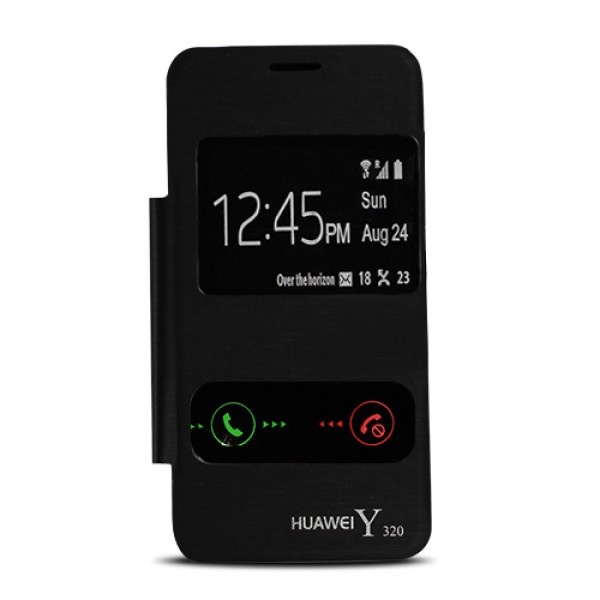 Huawei Y320 Çift Pencereli Flip Cover Siyah