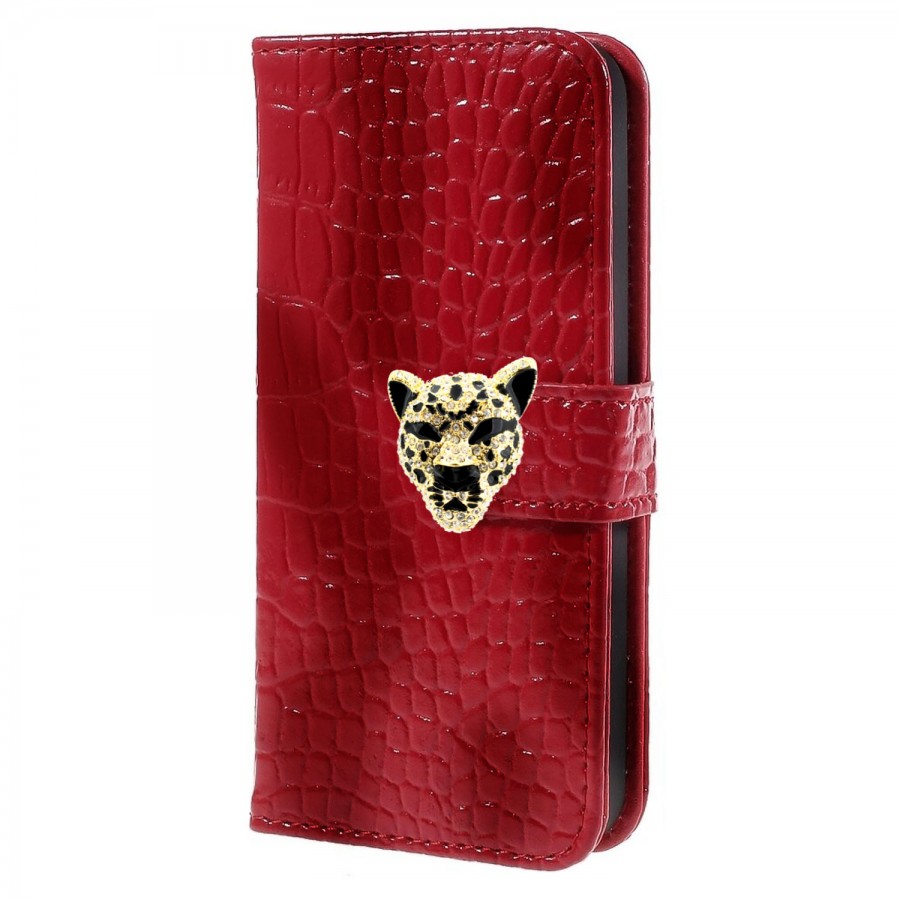 iPhone 4s Leopar Taşlı Cüzdanlı Kılıf Kırmızı