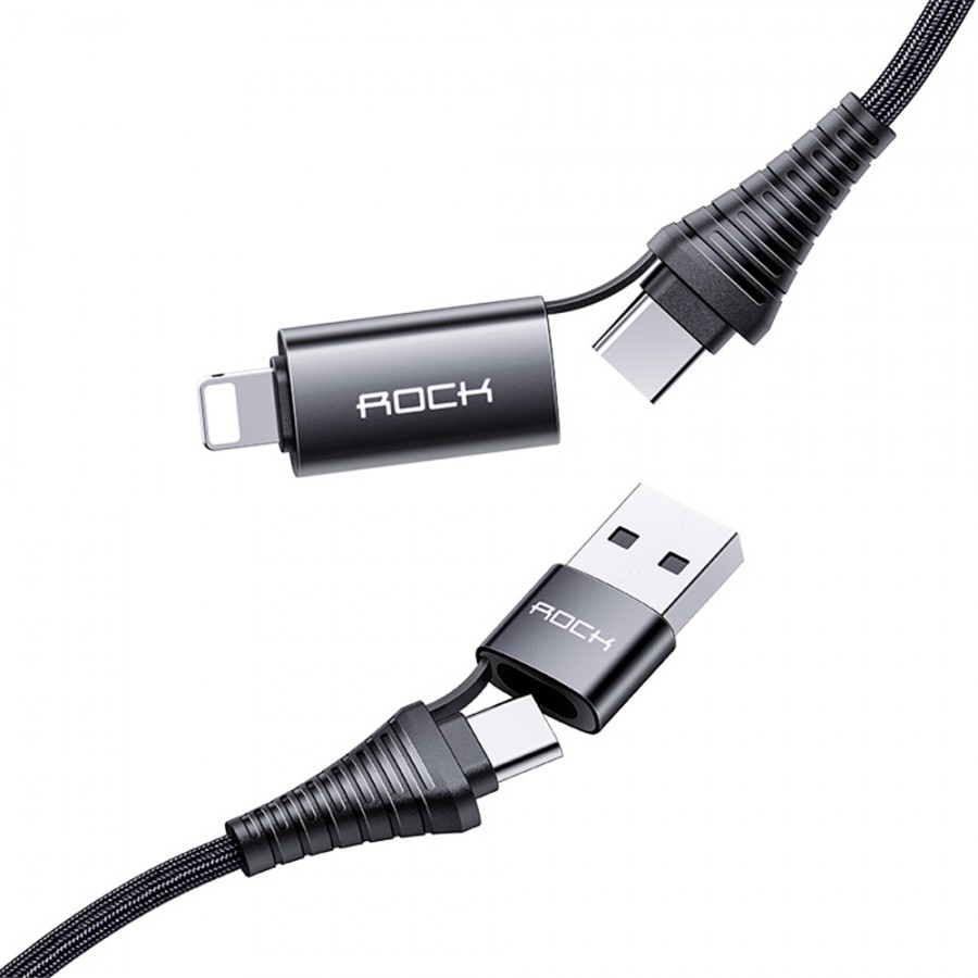 Rock R12 4in1 Şarj ve Data Kablosu PD Hızlı Çok Fonksiyonlu 1mt 3A - Siyah