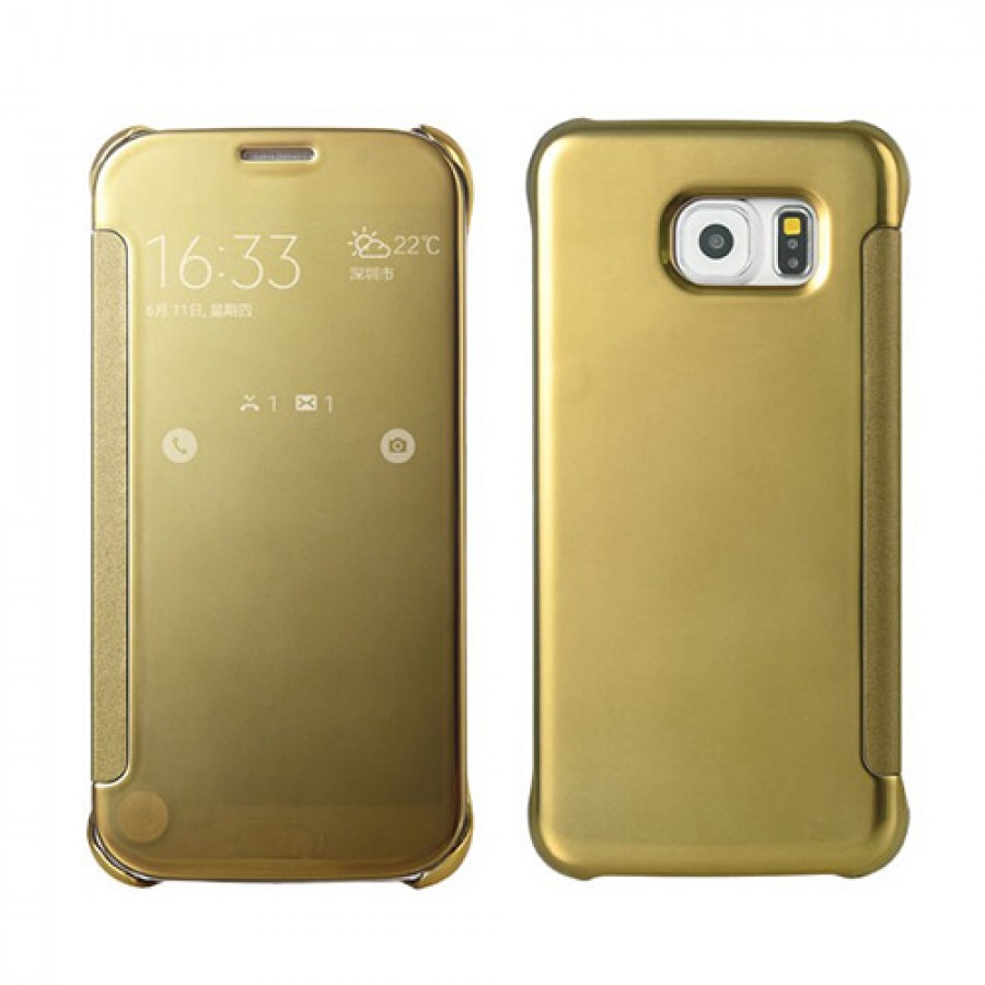 Samsung Galaxy S6 (G920) S View Şeffaf Cover Uyku Modlu Kılıf Gold