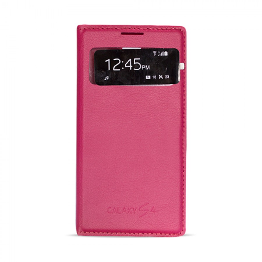 Samsung I9500 Galaxy S4 S View Dikişli Deri Pencereli Kılıf Kırmızı
