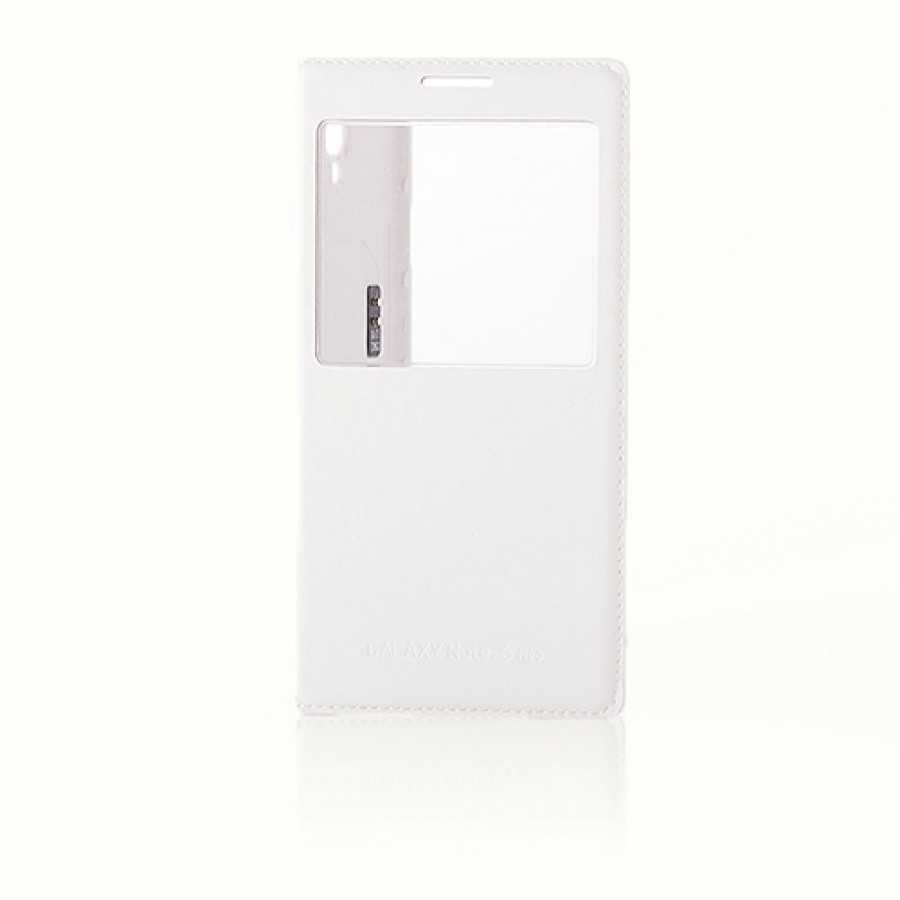 Samsung N7500 Note 3 Neo S View Dikişli Deri Pencereli Uyku Modlu Kılıf Beyaz