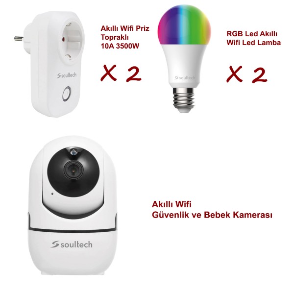 Soultech Akıllı Kamera + 2 Akıllı Led Ampul + 2 Akıllı Priz Güvenlik Seti