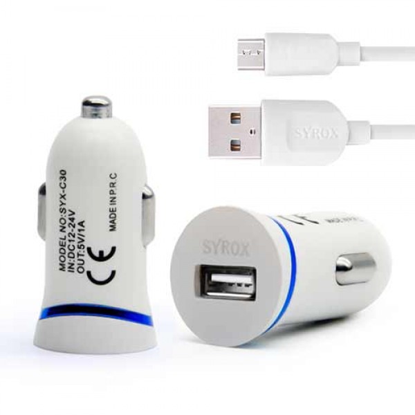 Syrox C28 Araç Şarj Aleti Micro USB Kablo Set 1.0A Beyaz…