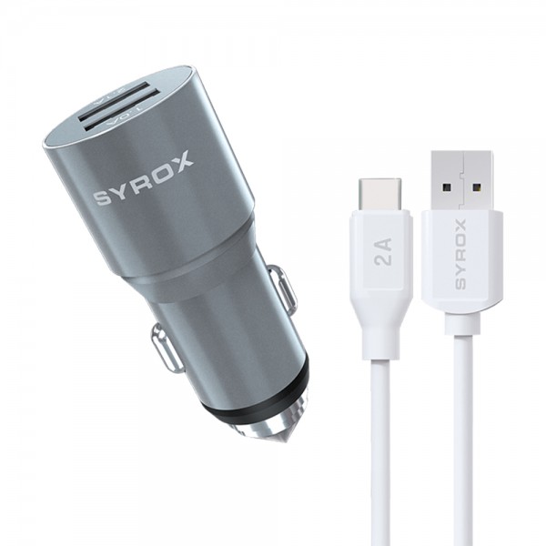 Syrox C32T 2x USB Metal Araç Şarj Aleti ve Type-C Kablo Set…