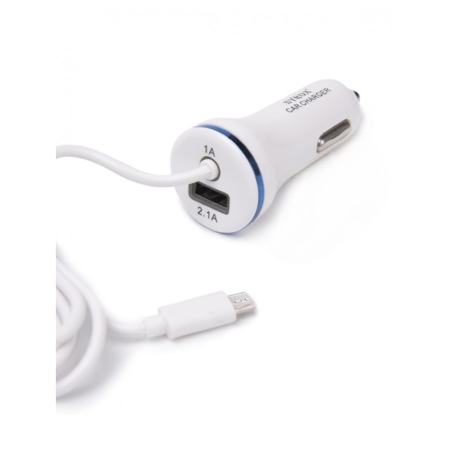 Syrox C37 Araç Şarj Aleti 3.1A Sabit Micro USB Kablo + USB Port Beyaz