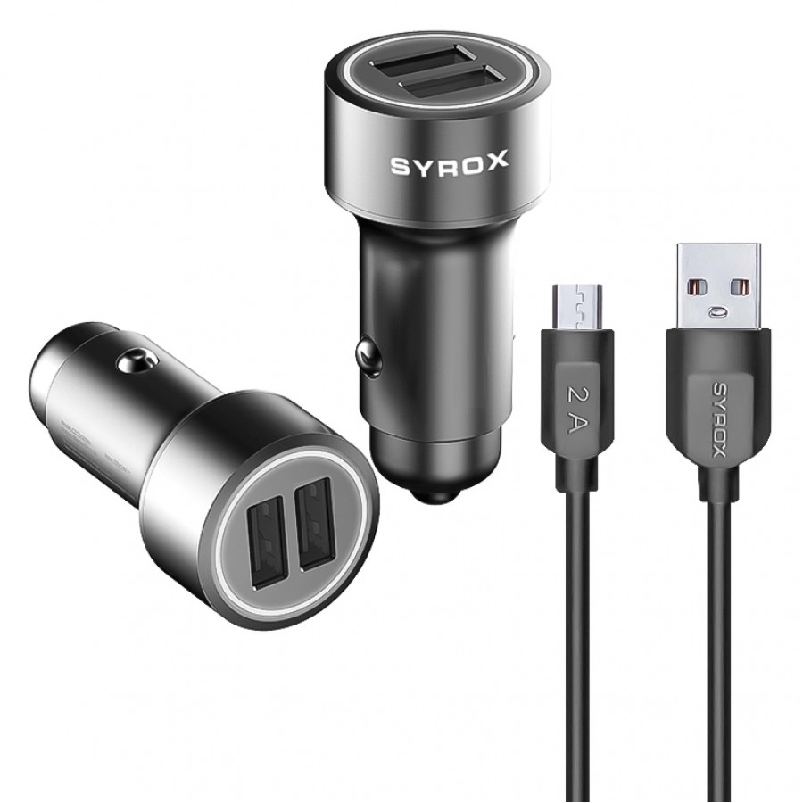 Syrox CR10 Araç Şarj Aleti Hızlı Metal Başlık ve Micro USB Kablo Set 3.5A