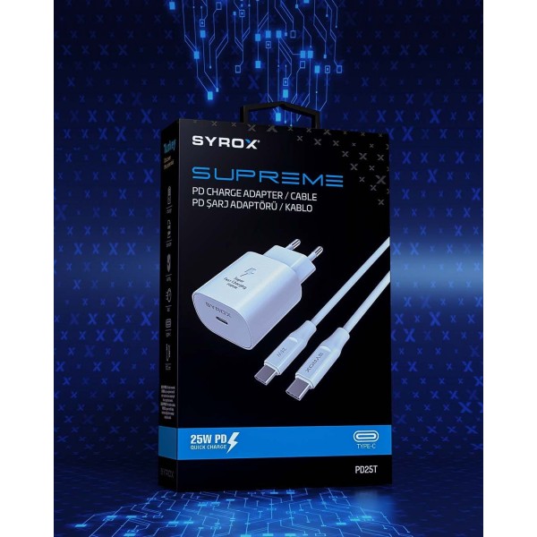 Syrox PD25T QC3.0 PD 25W Hızlı Şarj Aleti Type-C to Type-C Kablo Set Be…