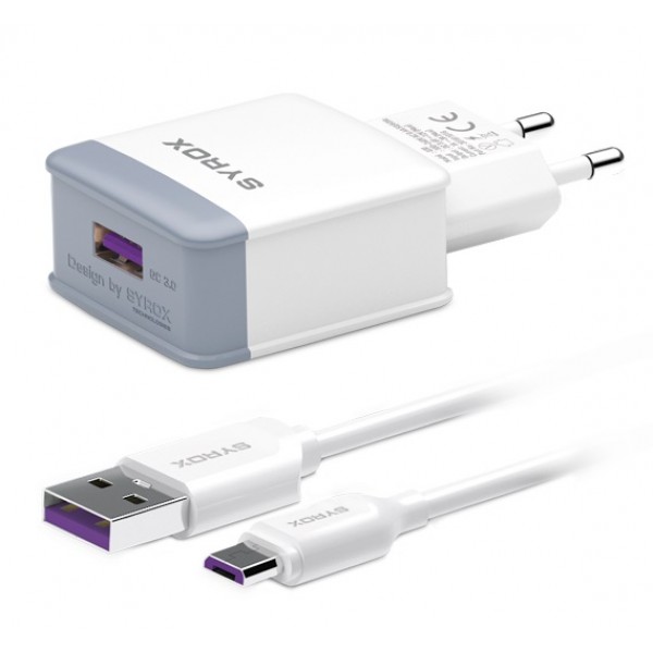 Syrox Q30 QC3.0 Hızlı Şarj Aleti Micro USB Kablo Set - Beyaz…