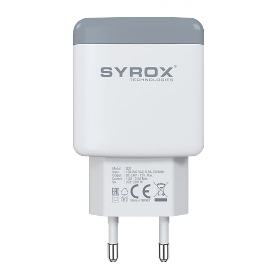 Syrox Q31 Hızlı Şarj Adaptörü (Başlık) 3.0A 18W Beyaz