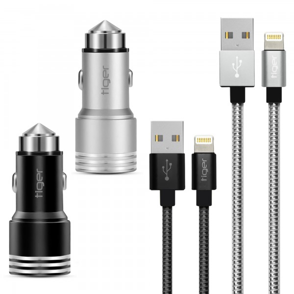 Tiger Metal Oto-Araç Şarj Aleti + Lightning Hızlı Kablo 2.4A Çift USB NT-014-L