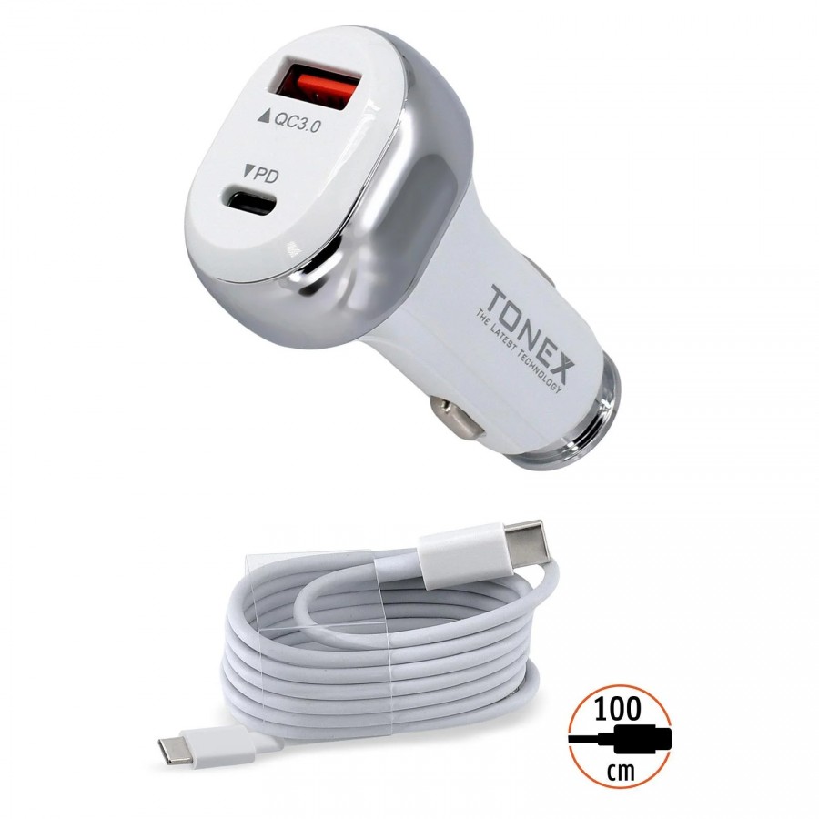 Tonex TA-41W PD + USB-A Type-C to Type-C Kablolu Araç İçi Şarj Aleti