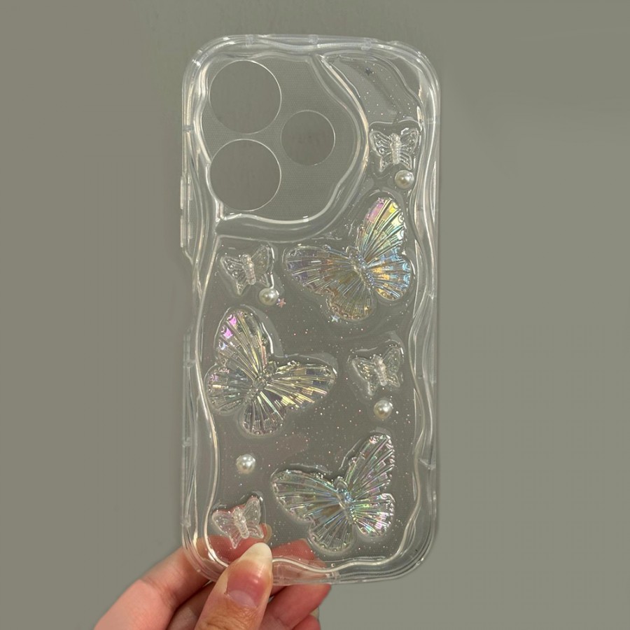 Xiaomi Redmi 13 4G Kılıf 3D Kelebek Desen Kamera Korumalı Şeffaf Silikon Kapak